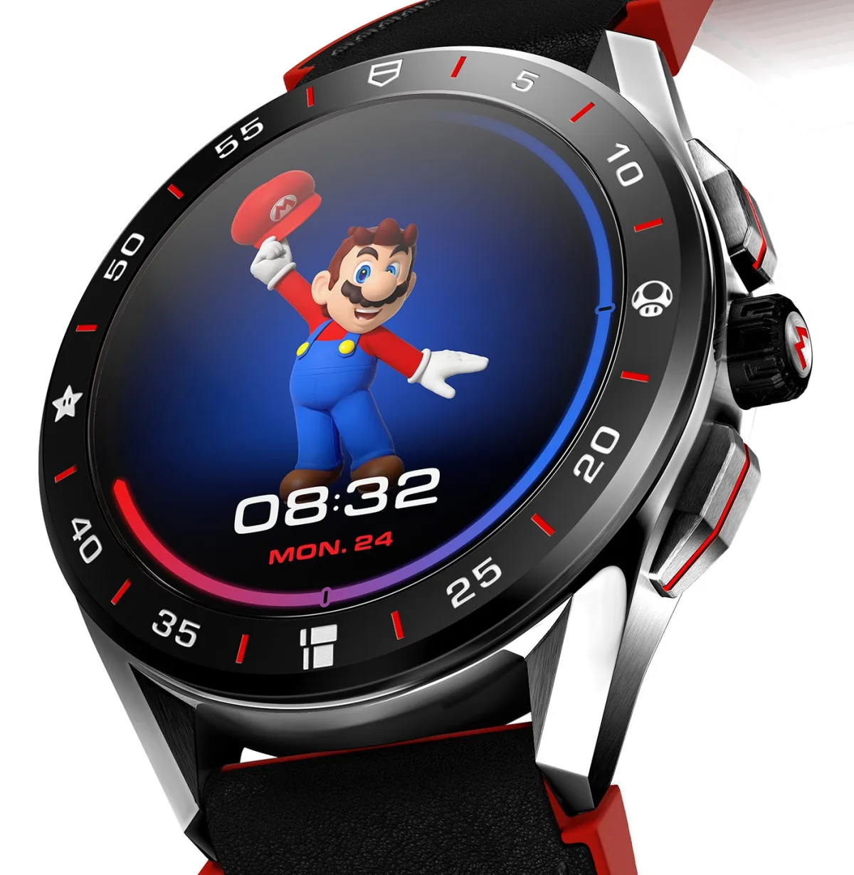 Animated Mario fitness tracking features on the watch.