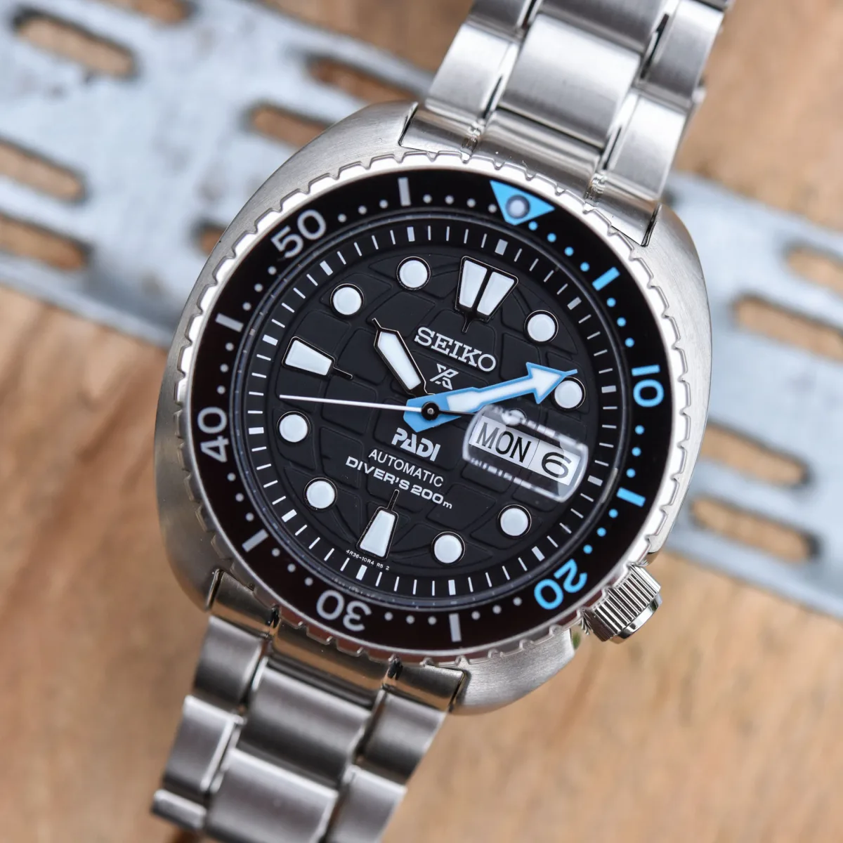 Close-up of Seiko Prospex PADI King Turtle SRPG19K1 dial