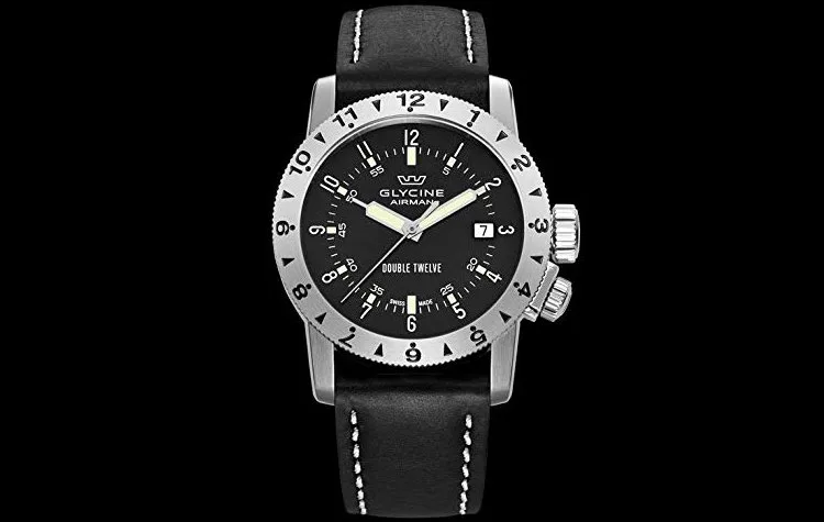 Glycine Airman Double Twelve GMT watch with leather strap