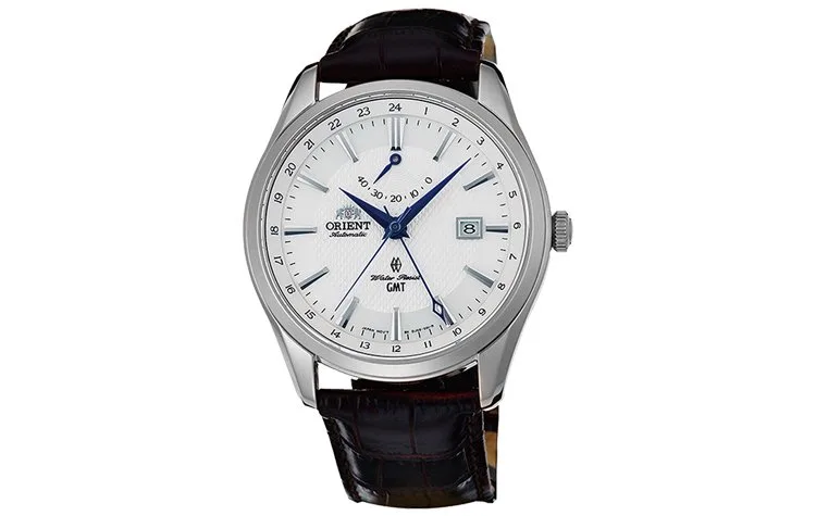 Orient Polaris GMT watch with white dial and power reserve indicator