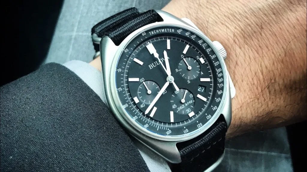 Bulova Lunar Pilot watch with stainless steel case and leather strap