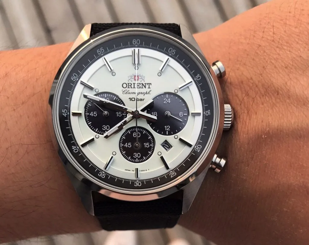 Orient Neo 70’s Panda watch with stainless steel case and black and white dial