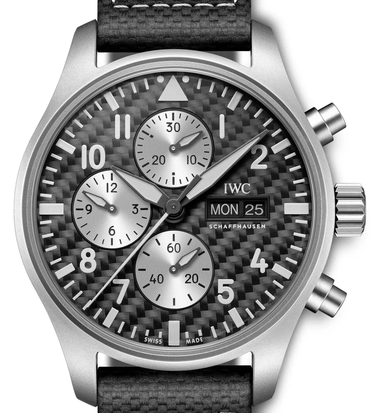 Close-up of the woven carbon fiber dial of the IWC AMG watch