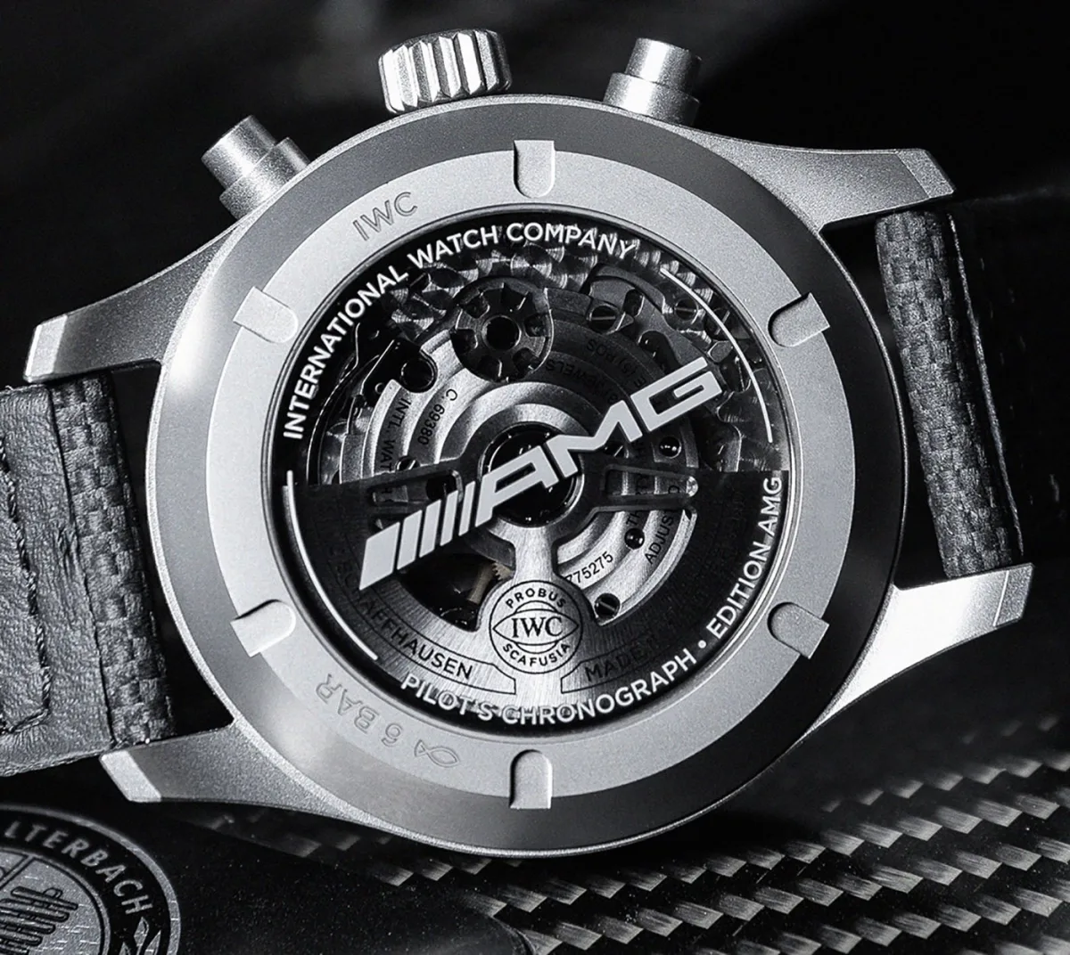 Side view showing the IWC AMG watch's case and pushers