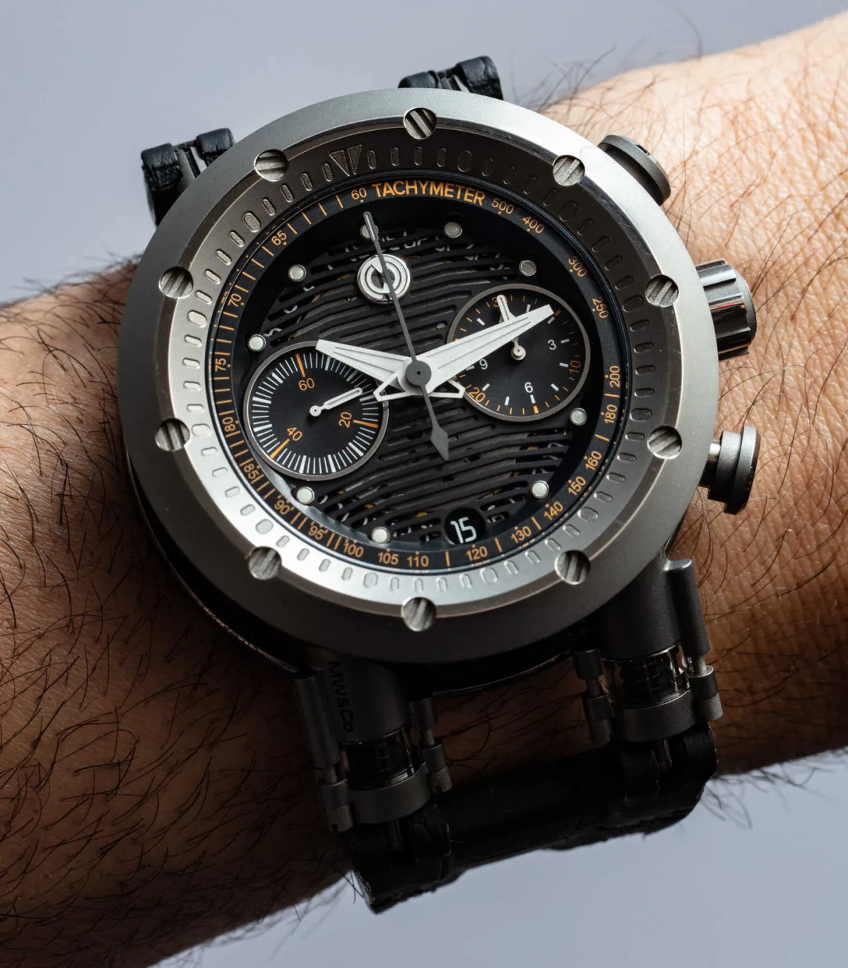 Close-up of MW & Co Asset watch case components