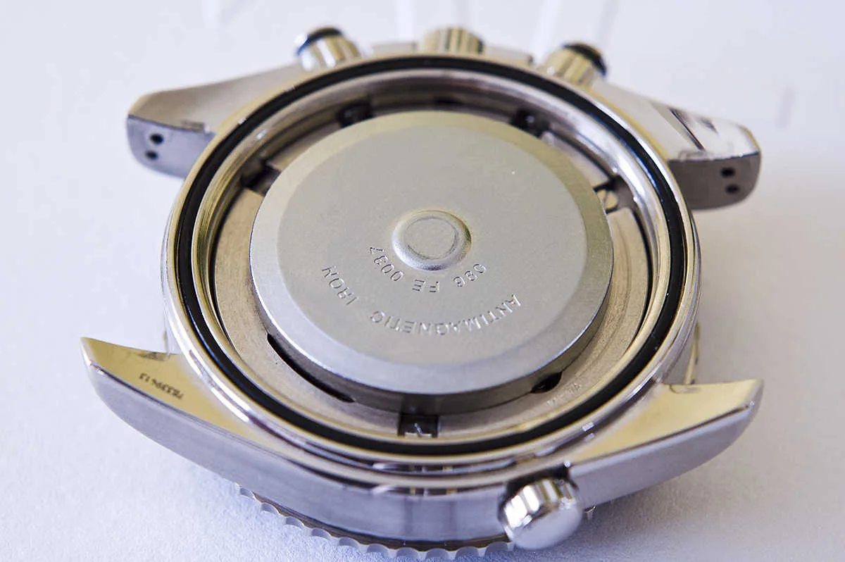 Traditional metal casing used in antimagnetic watches.