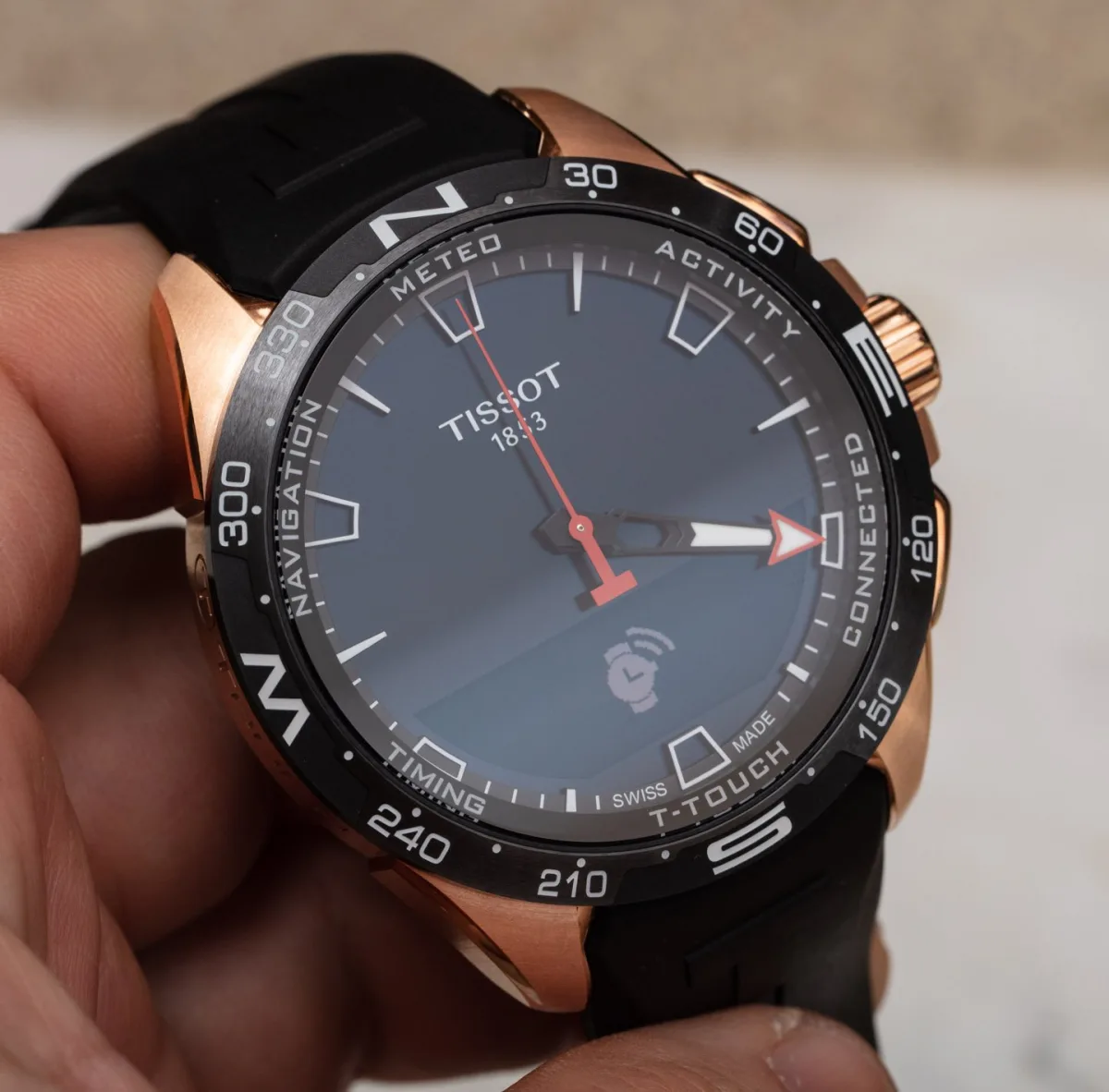 Tissot T-Touch Connect Solar watch on wrist with rubber strap