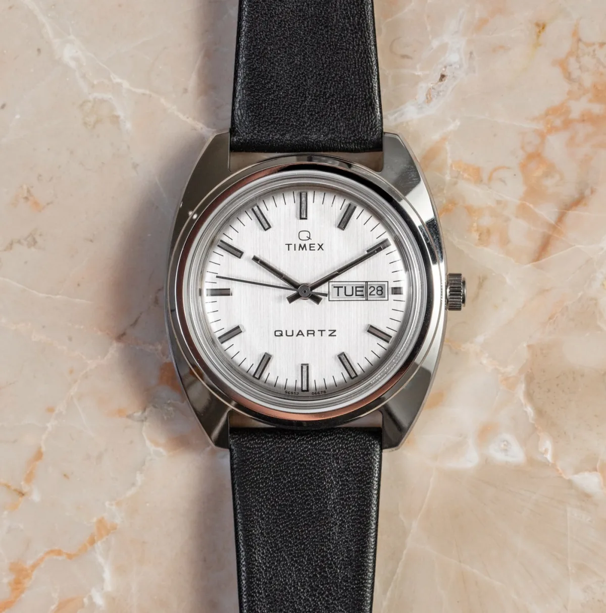 Q Timex 1978 Reissue Day-Date watch with black leather strap