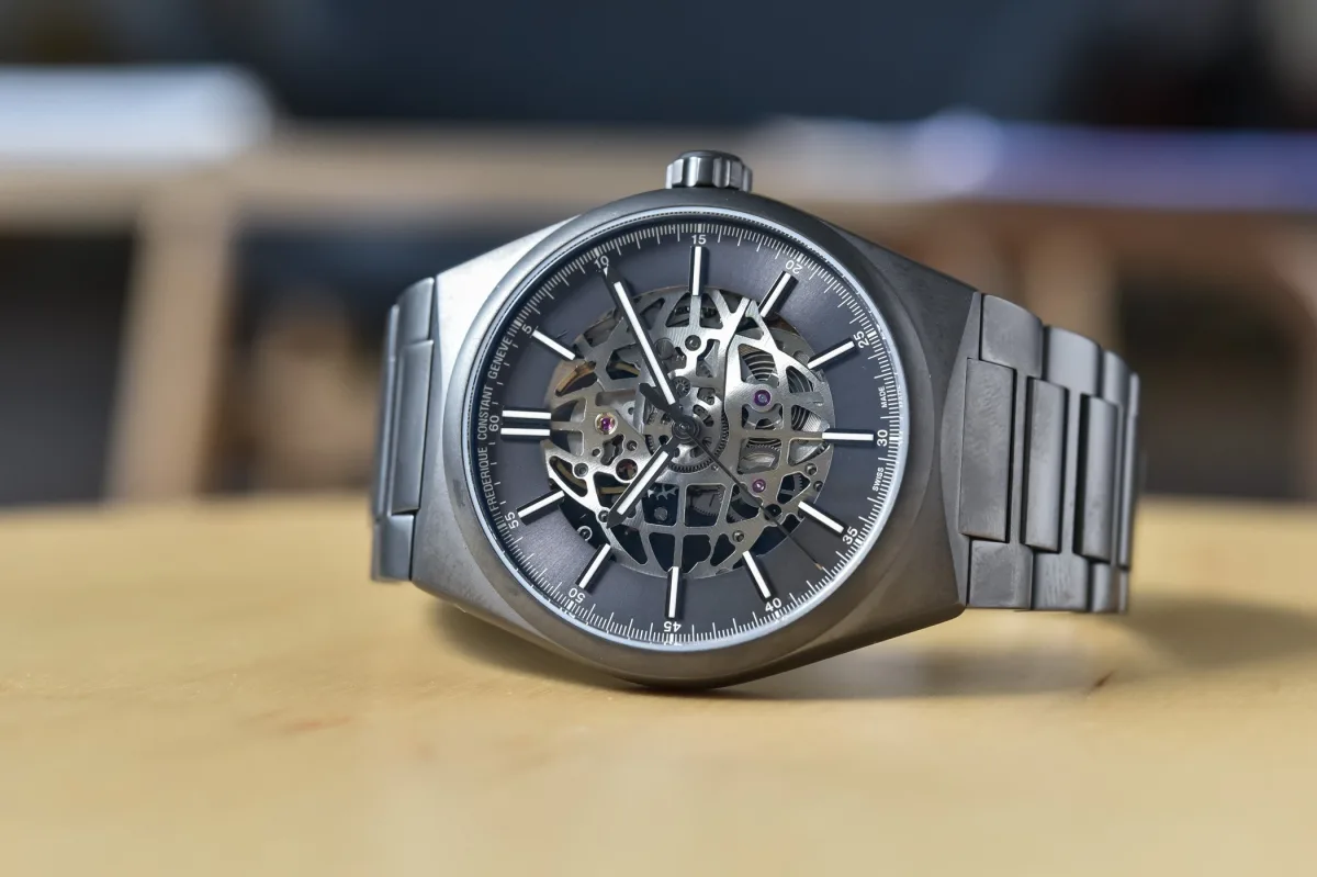 Close-up of the watch's openwork mechanism