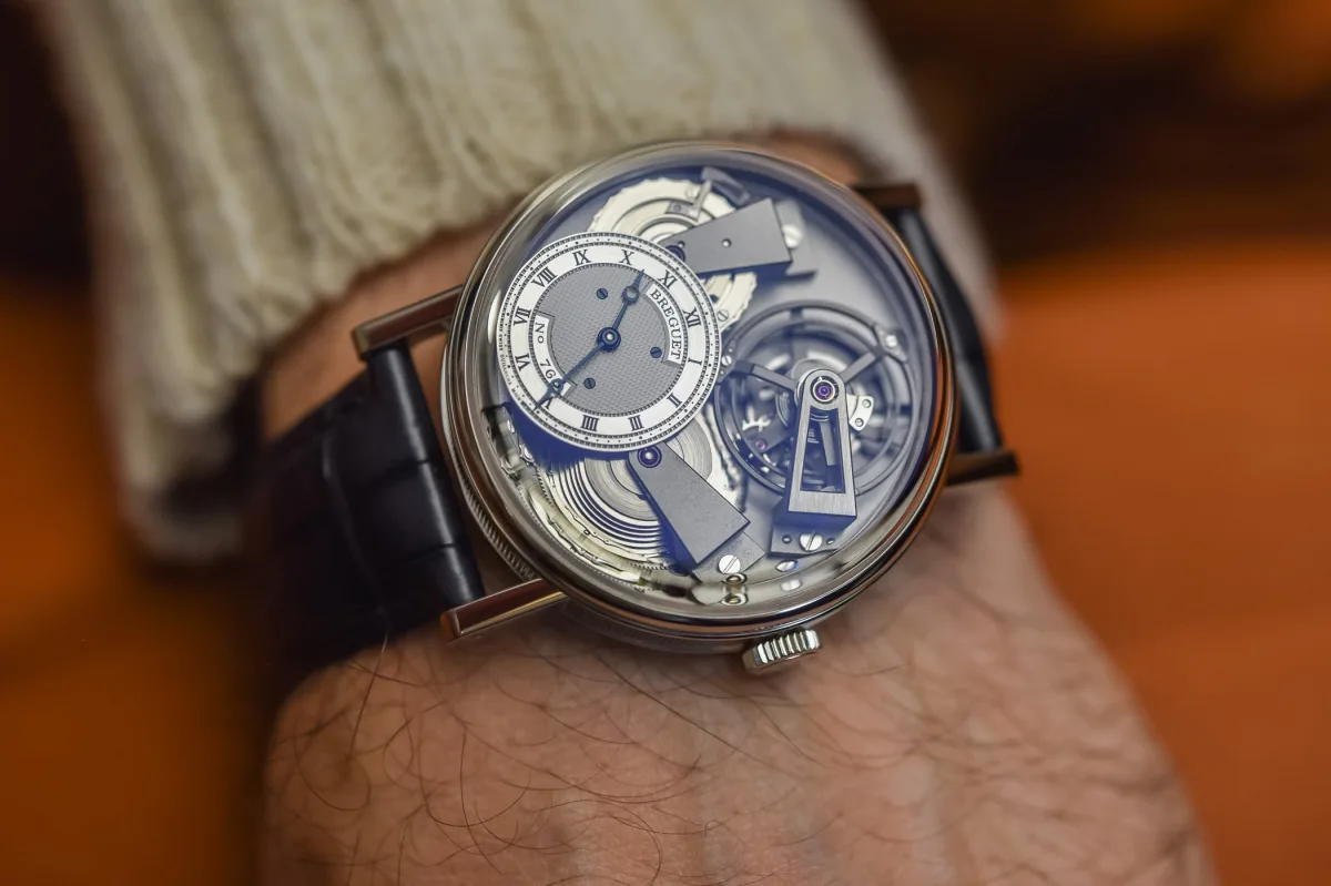 Breguet Tradition Tourbillon Fusée 7047 watch showing dial and mechanism