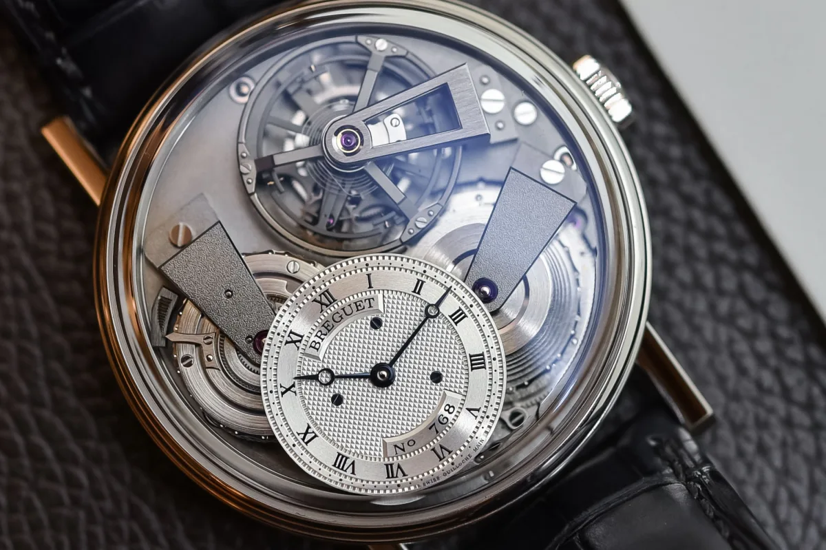 Close-up of Breguet Tradition Tourbillon Fusée 7047 dial and tourbillon