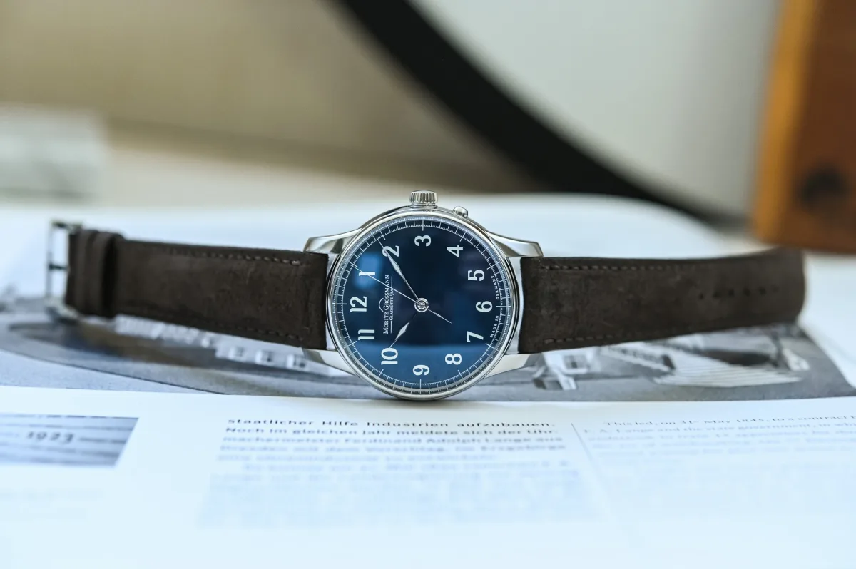 Close-up of Moritz Grossmann Central Second watch with blue dial