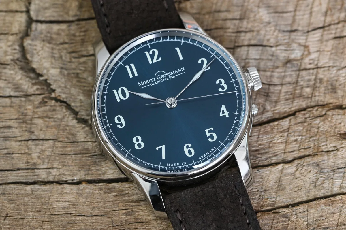 Close-up of blue sunray finish dial on Moritz Grossmann Central Second