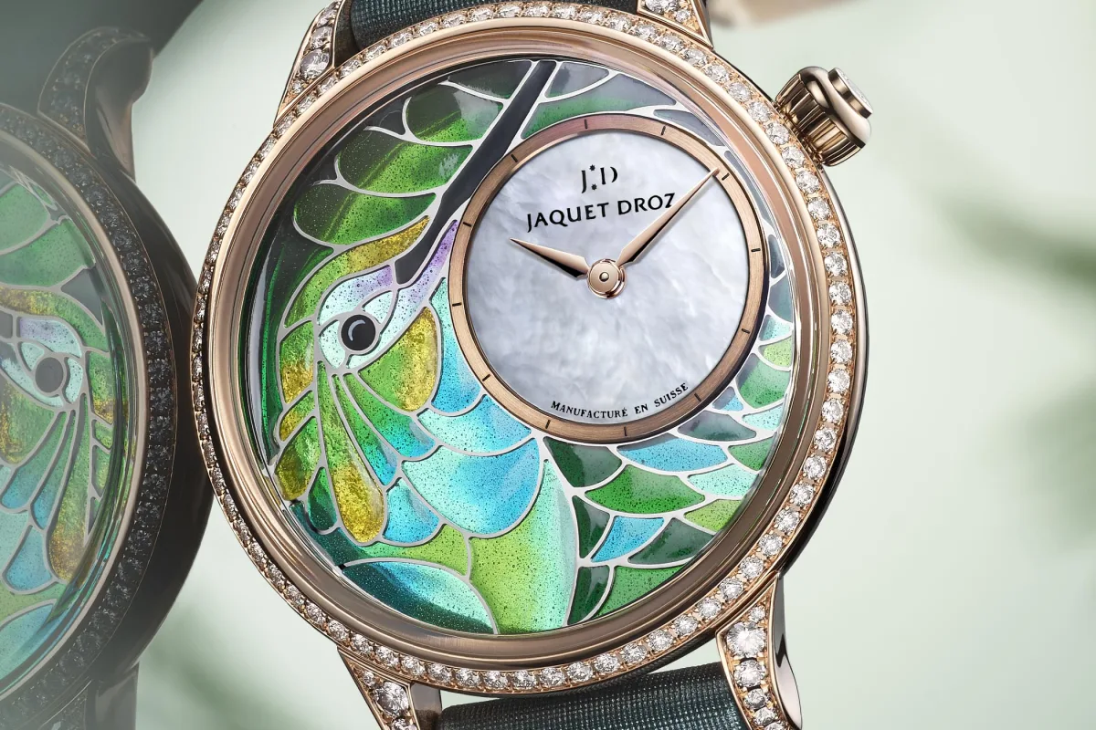 Jaquet Droz Petite Heure Minute Smalta Clara Hummingbird dial with plique-à-jour enamel