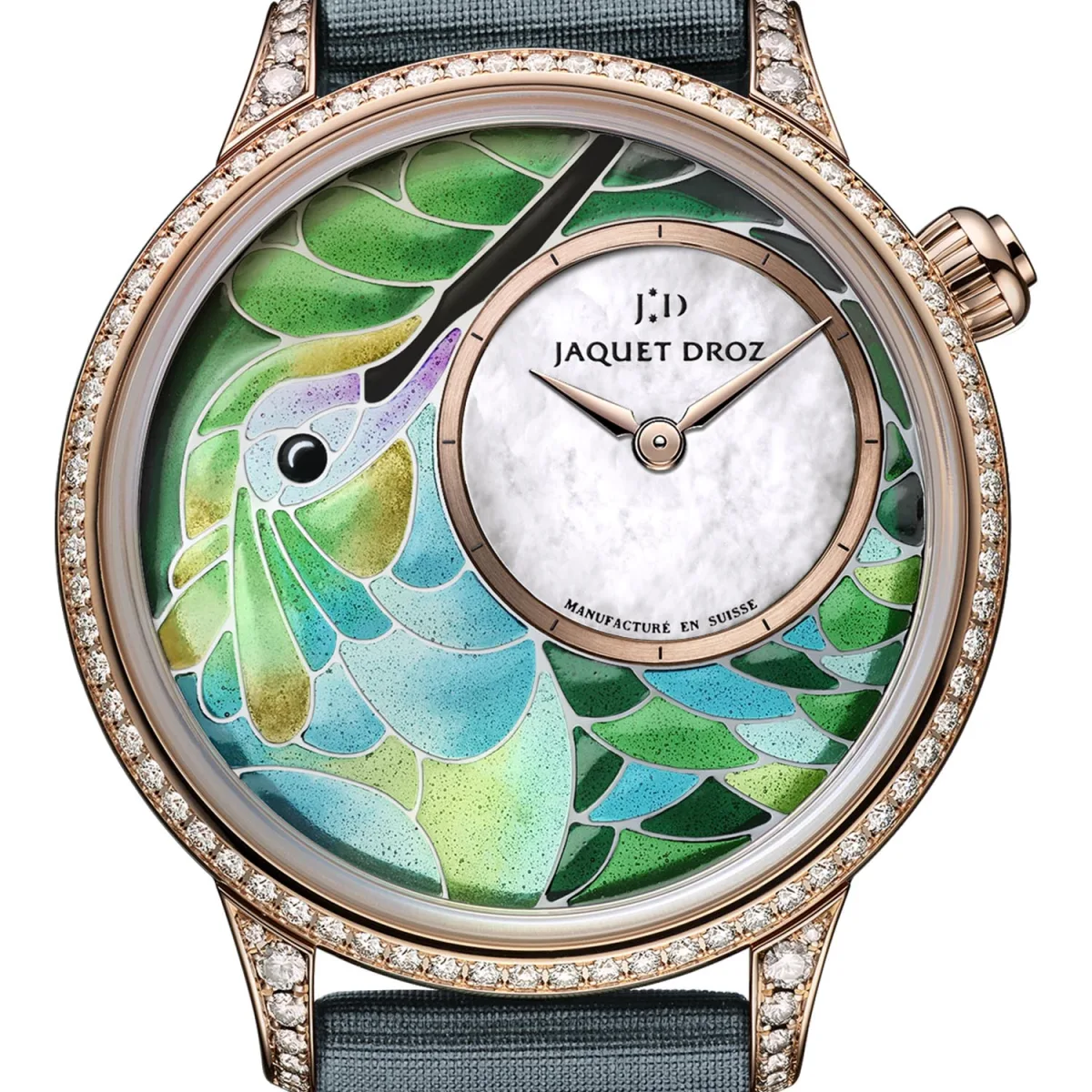 Reverse side of Jaquet Droz Petite Heure Minute Smalta Clara Hummingbird showing light through enamel