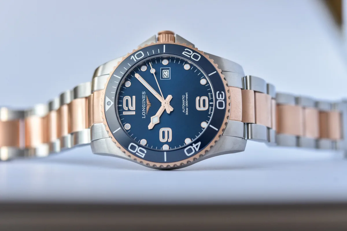 Longines HydroConquest 41mm with gold elements on bezel and crown.