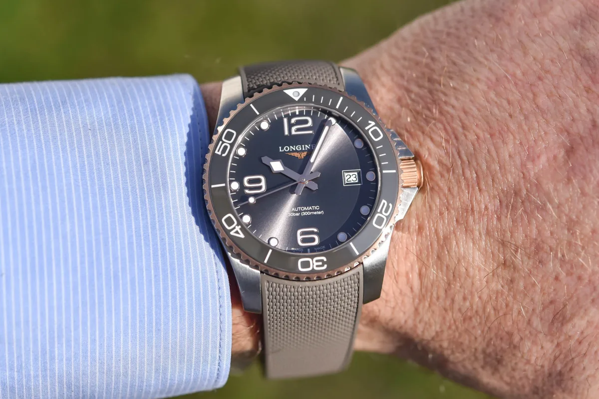 Longines HydroConquest 41mm in rose gold and gray color.