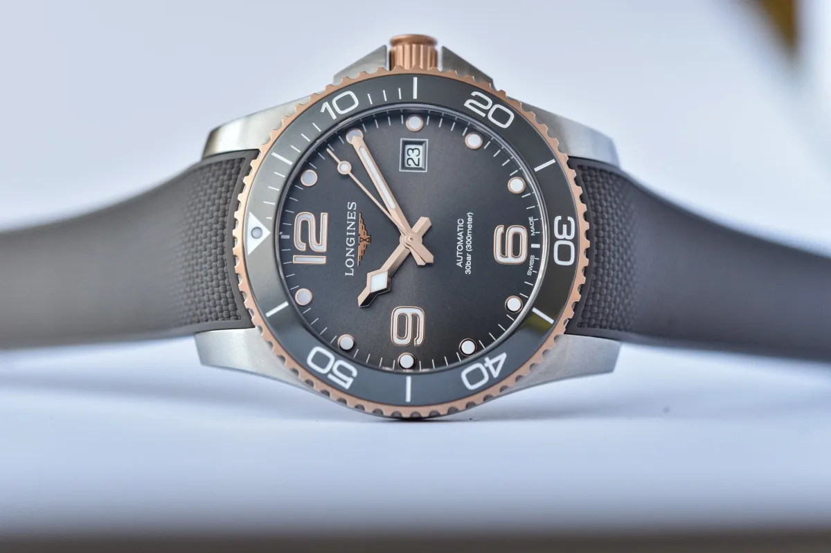Side view of Longines HydroConquest 41mm Two-Tone with crown detail.