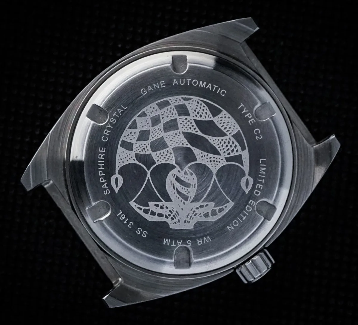 Unique GANE Type C watch dial with CNC-milled indexes