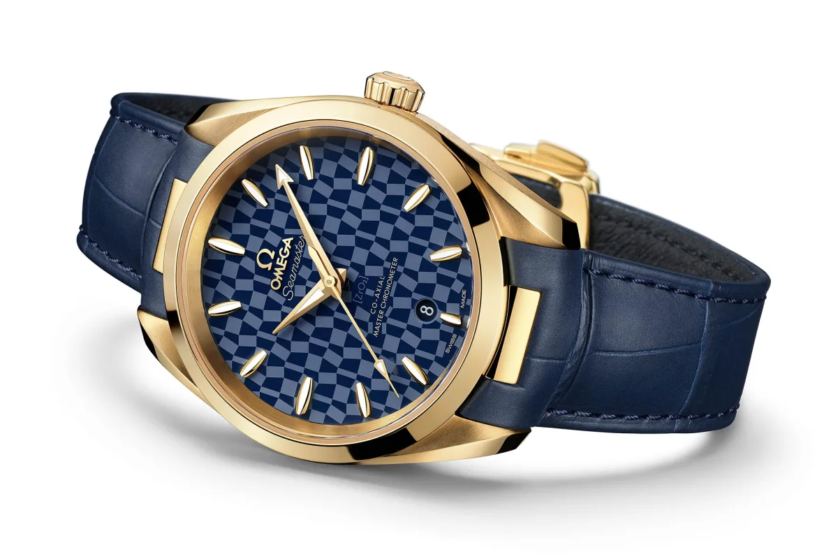 Blue ceramic dial with Tokyo 2020 emblem on Aqua Terra
