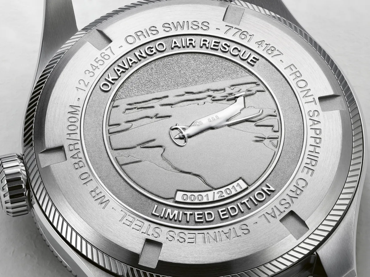 Back view of Oris Okavango Air Rescue watch showing engraved caseback