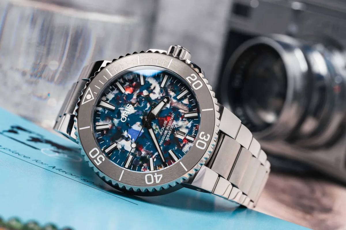 Oris Aquis Date Upcycle with recycled plastic dial close-up