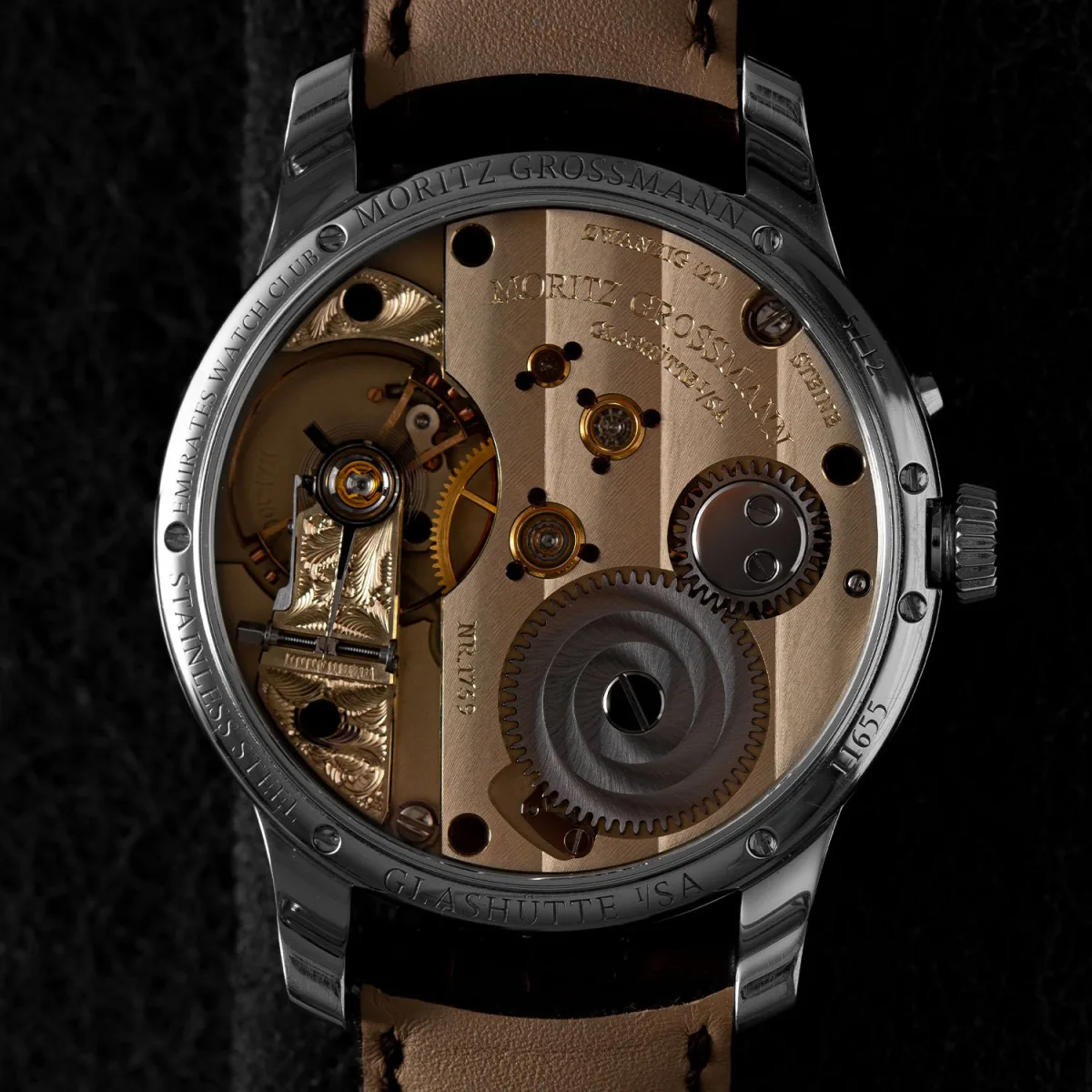 Rear view showing the Moritz Grossmann Benu Emirates Watch Club movement