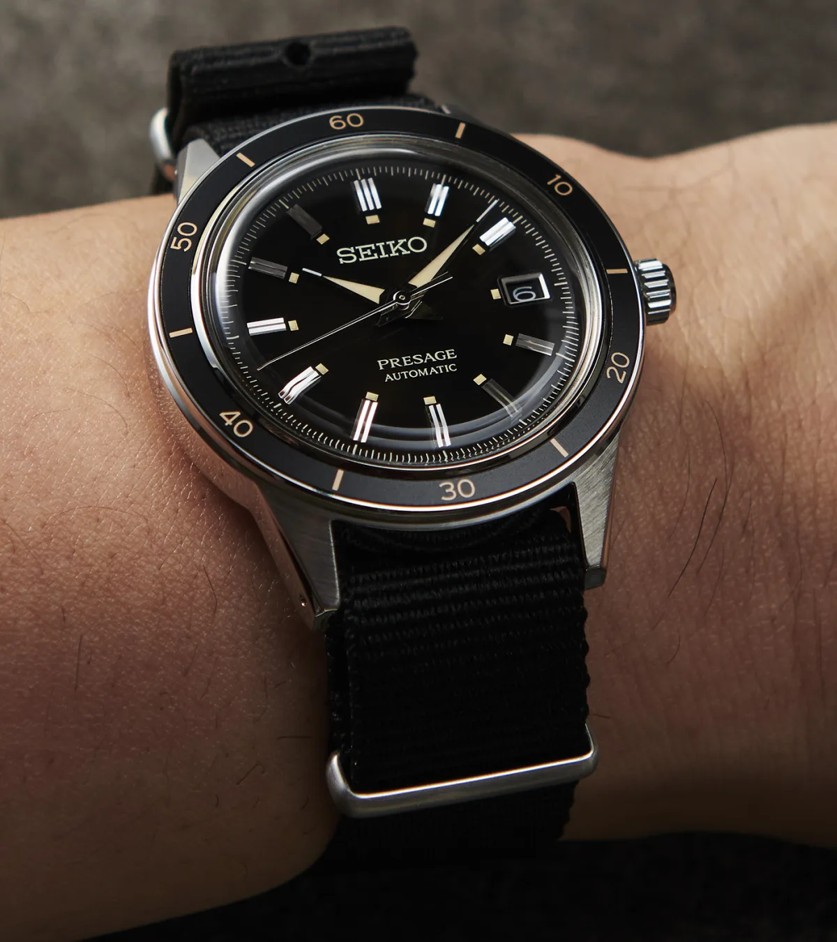 Seiko Presage Style60 on black NATO strap with green dial