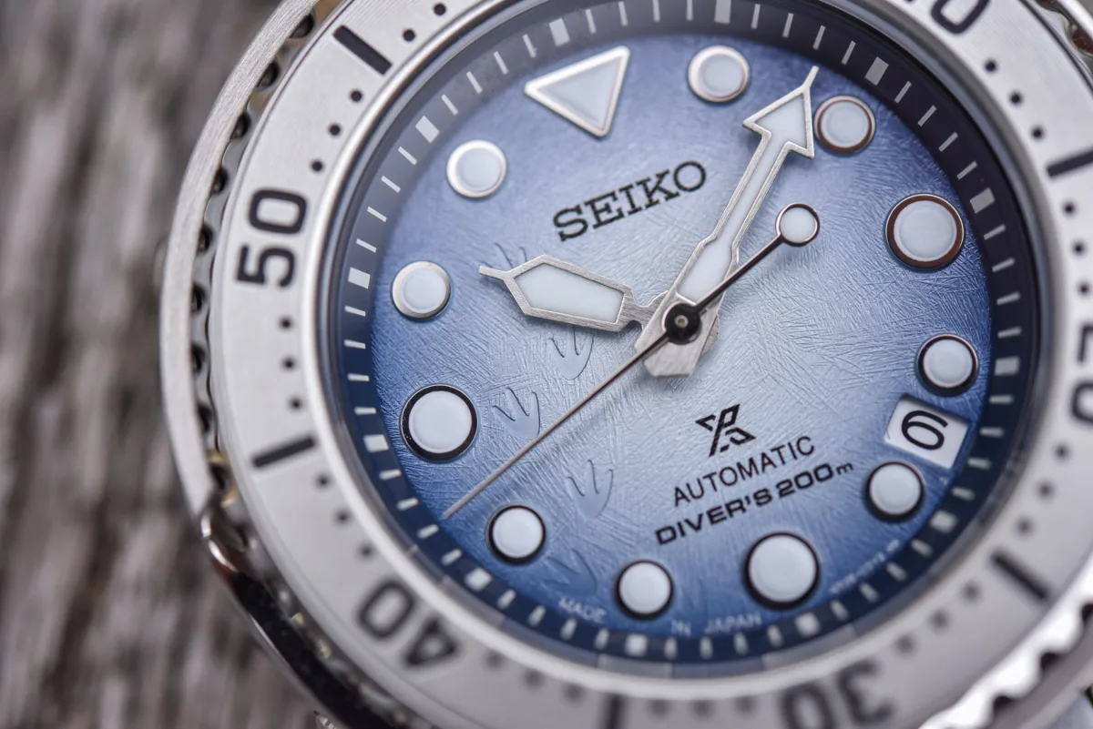 Close-up of Seiko Baby Tuna SRPG59K1 bezel and dial