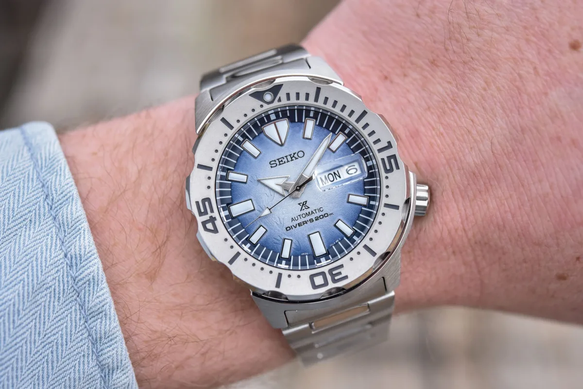 Close-up of Seiko Monster SRPG57K1 bezel and dial