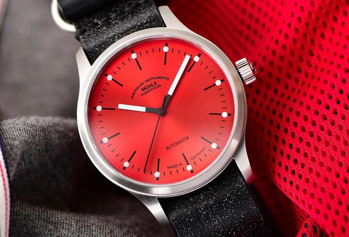 Close-up of Mühle Glashütte Panova Rot watch's stainless steel case