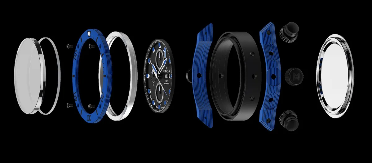Close-up of Edox CO-1 Carbon Chronograph blue dial