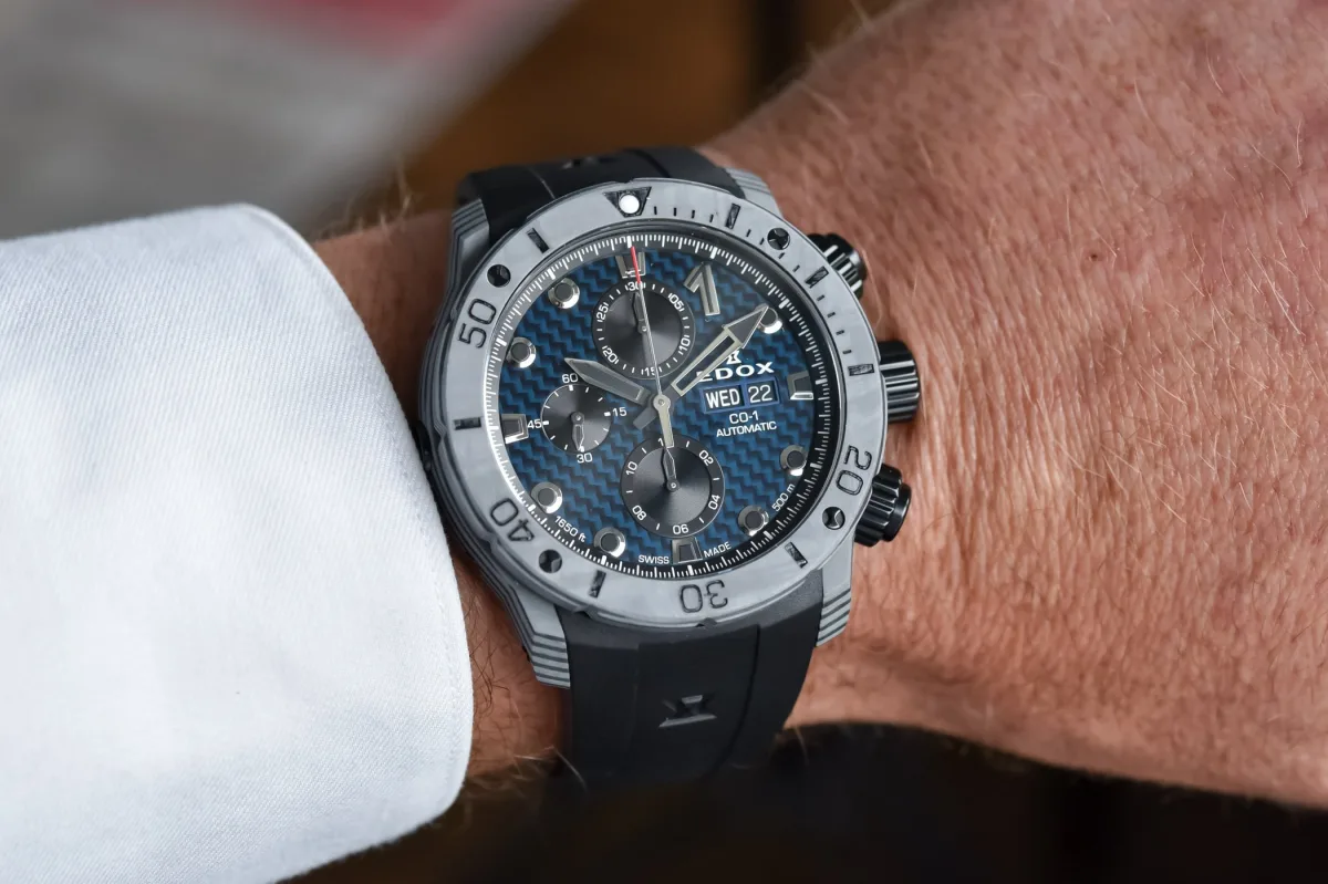 Edox CO-1 Carbon Chronograph rear view with sapphire case back