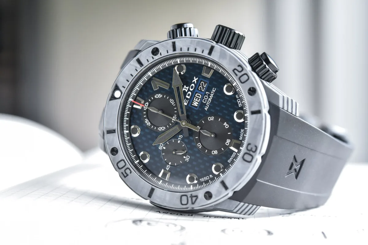 Edox CO-1 Carbon Chronograph on black rubber strap