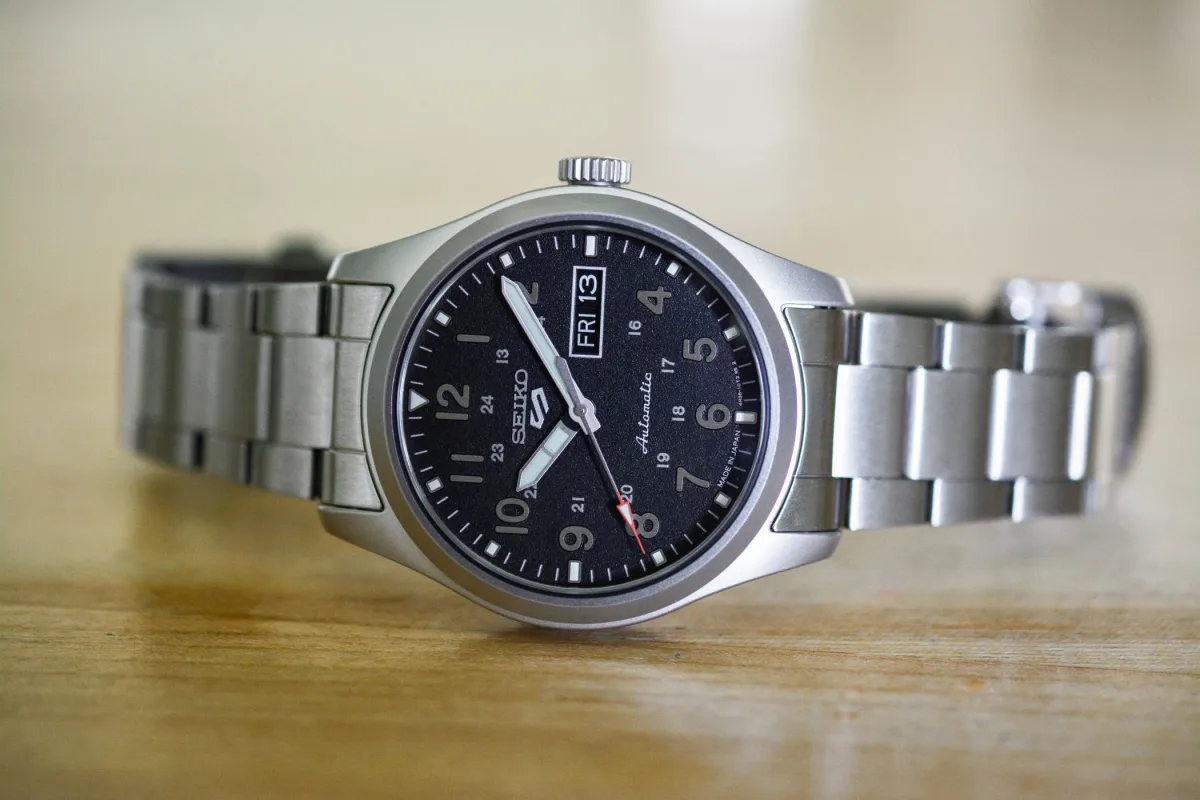 Dial of Seiko 5 Sports Field SRPG27 with luminous hands