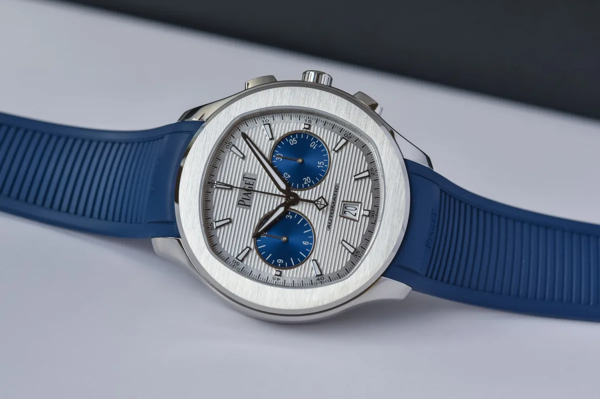 Piaget Polo Blue Panda with cushion-shaped case and rubber strap