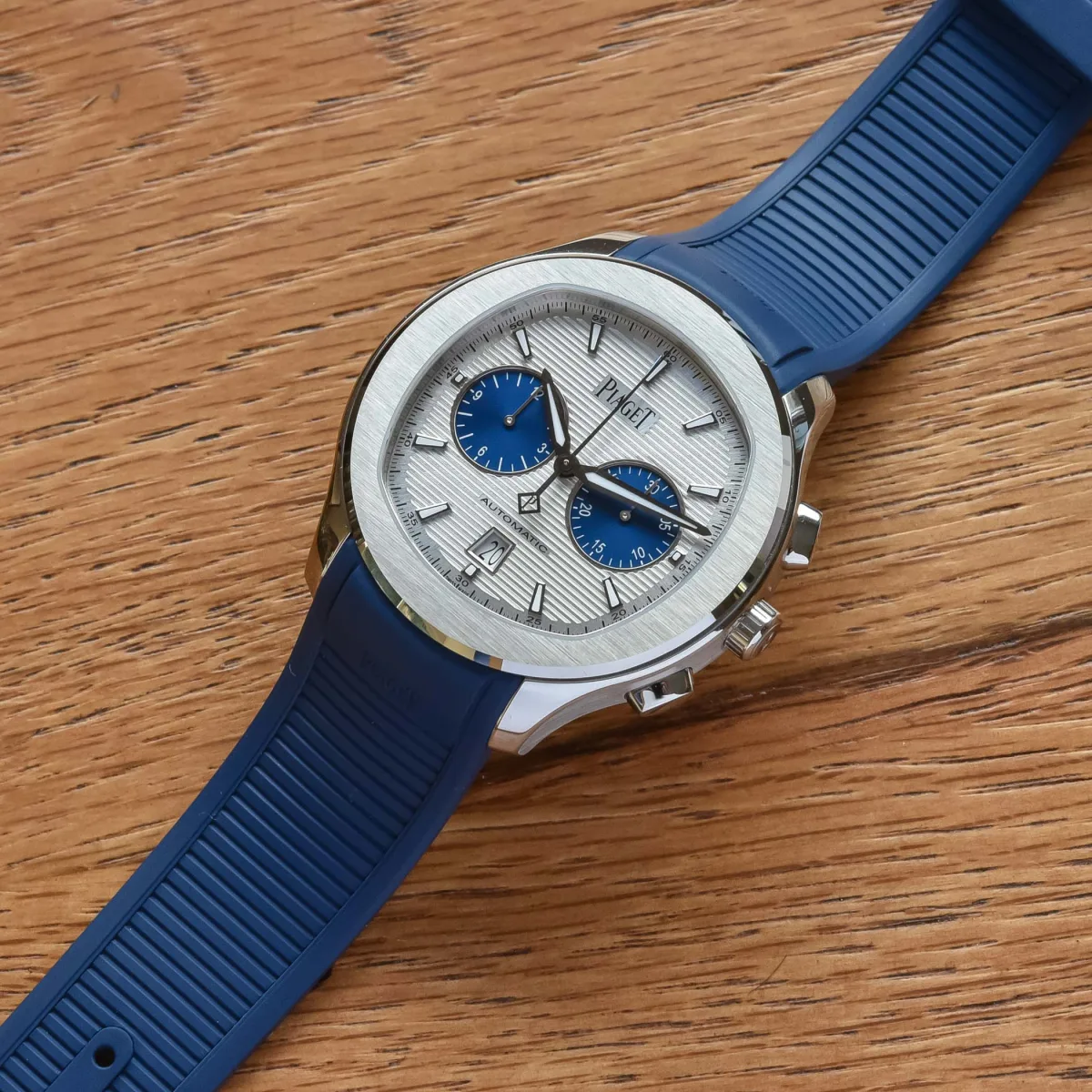 Close-up of Piaget Polo Blue Panda's dial and case design