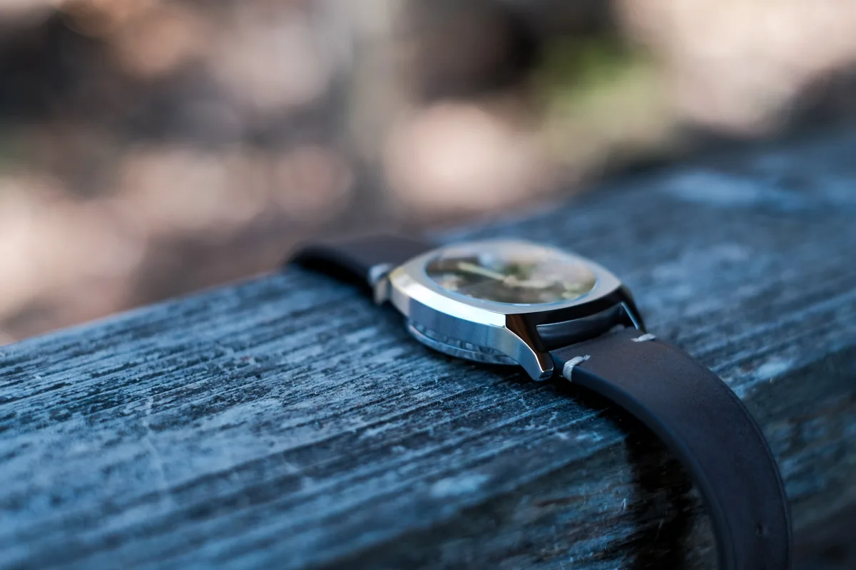 Brown leather strap of the Undone X Simple Union Urushi watch