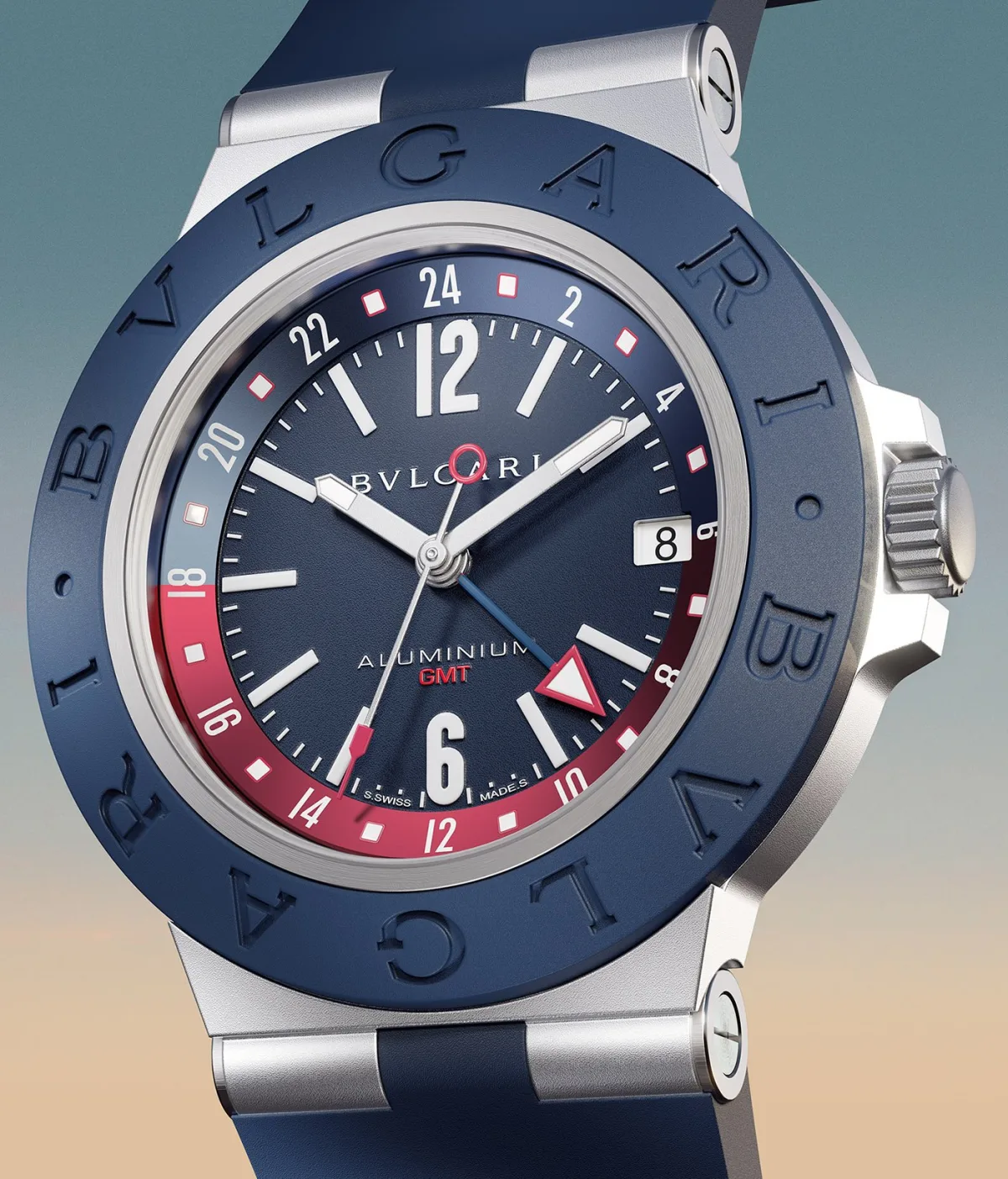 Close-up of the Bulgari Aluminium GMT dial with Pepsi bezel