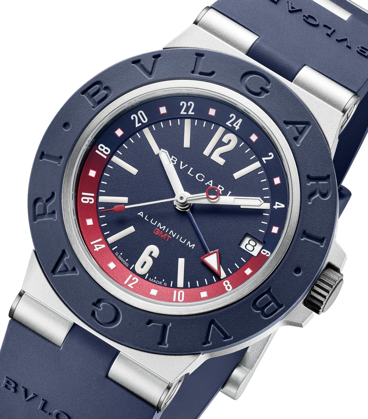 Side view of Bulgari Aluminium GMT showcasing the aluminum case