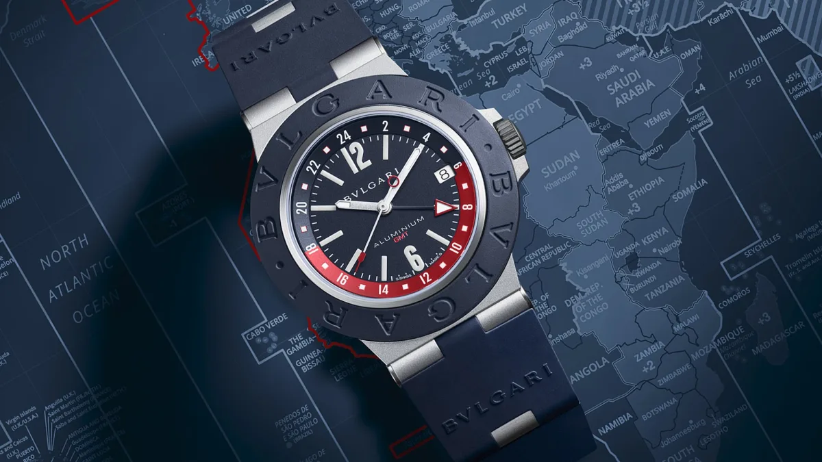 Bulgari Aluminium GMT watch with blue rubber strap