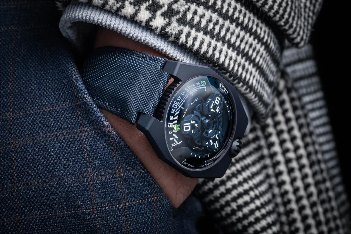 Urwerk UR-100V Blue Planet watch with blue PVD steel case