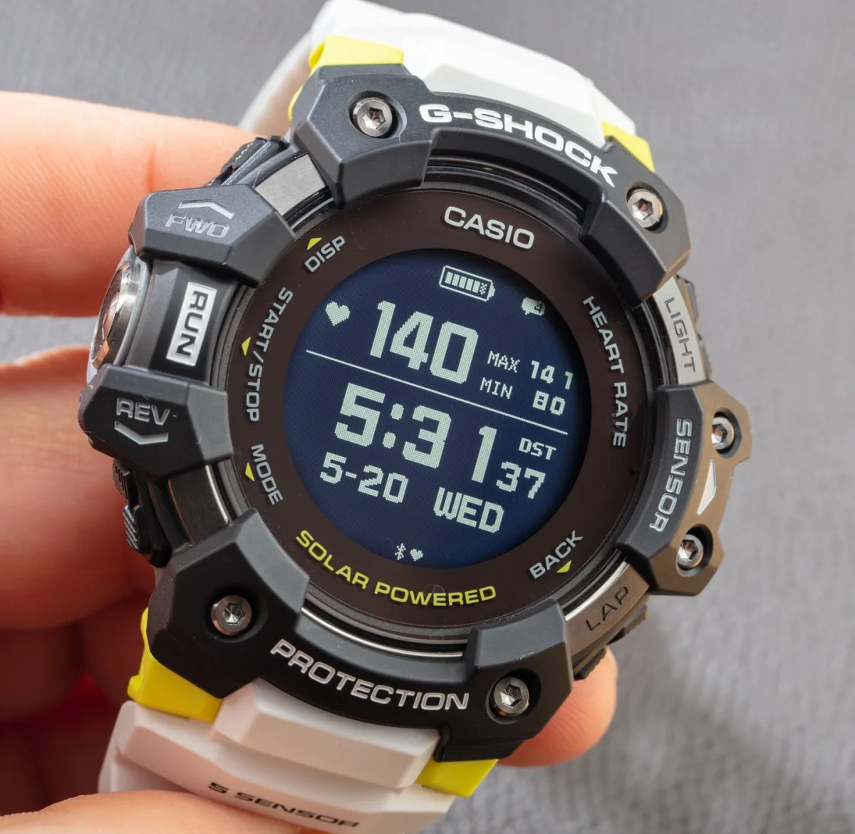 Casio G-Shock Move GBD-H1000 in black, white, and neon green