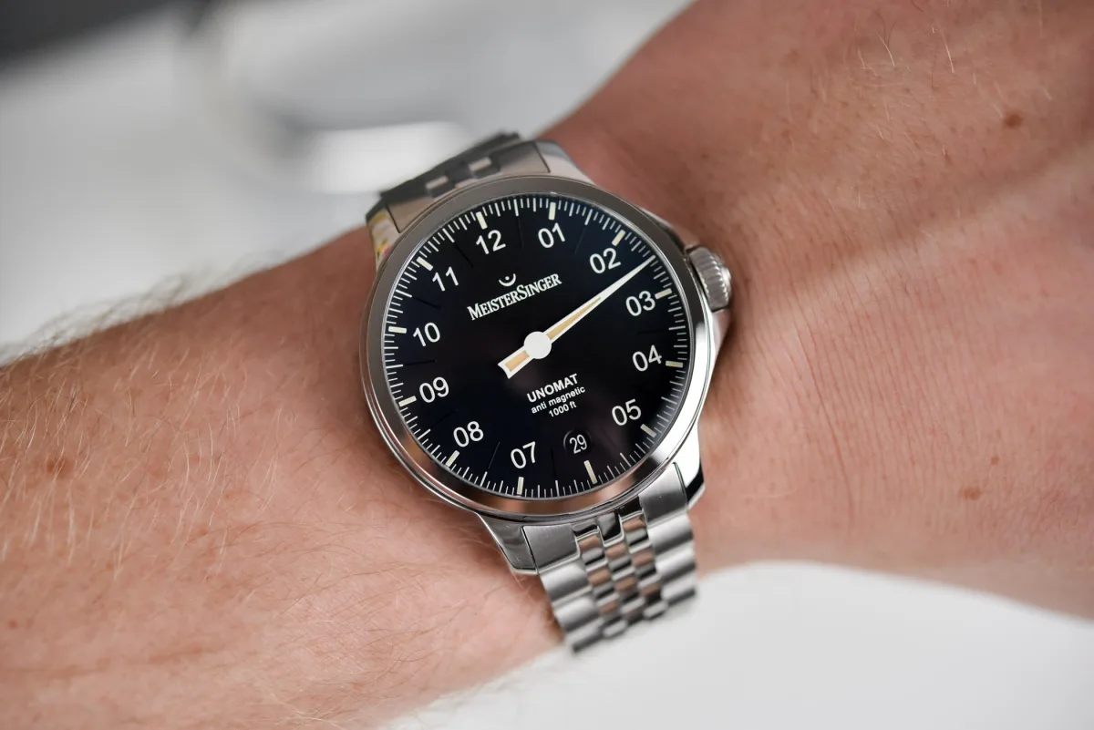 MeisterSinger Unomat watch with a steel case and narrow bezel.