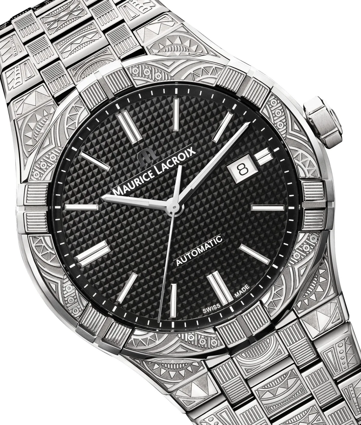 Dial of Maurice Lacroix Aikon Urban Tribe with tribal pattern