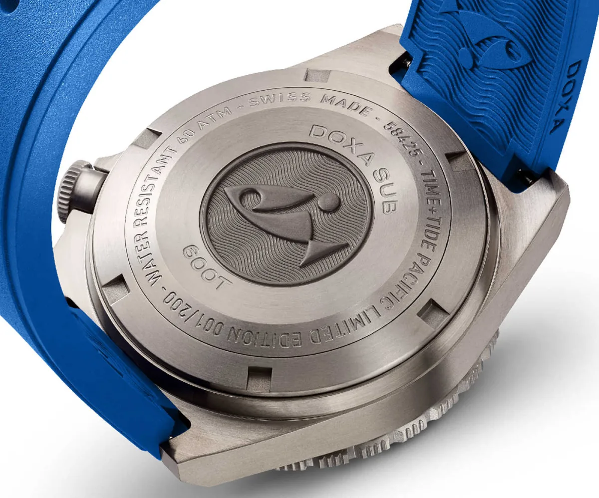 Back view of the Doxa Sub 600T Pacific featuring fish emblem