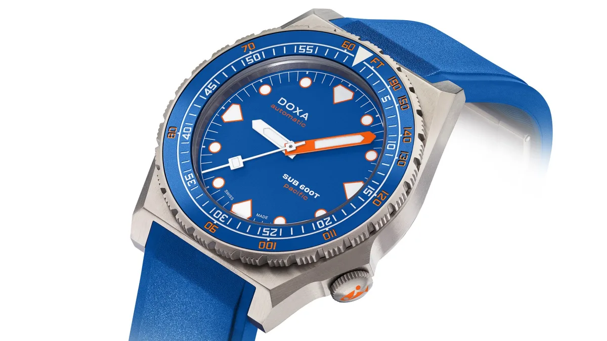 Doxa Sub 600T Pacific with blue rubber strap and titanium clasp