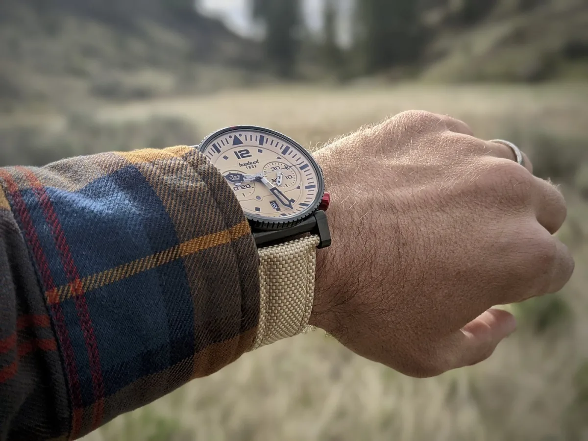 Close-up of Hanhart Desert Pilot Dark watch case