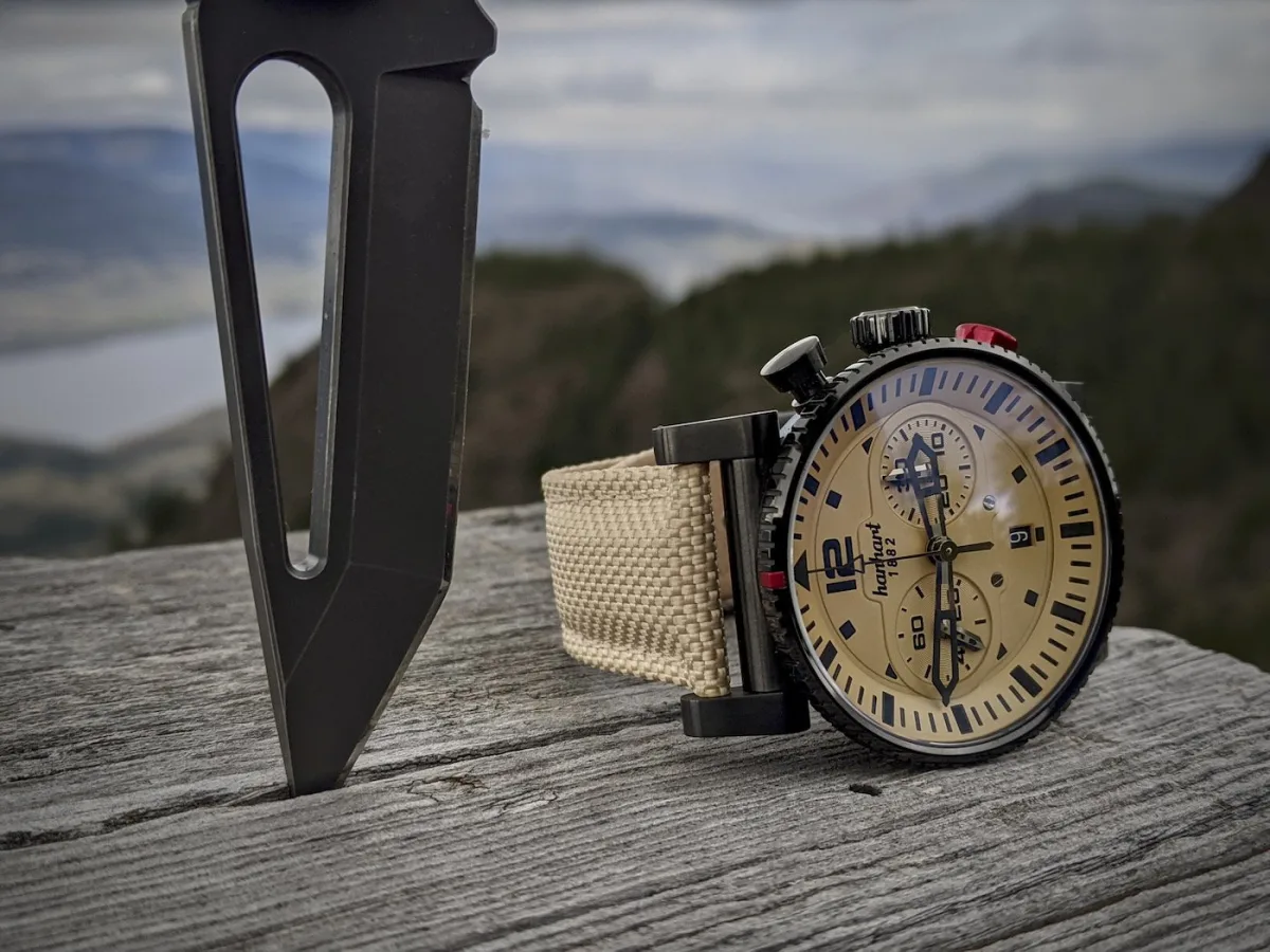 Side view of Hanhart Desert Pilot Dark watch