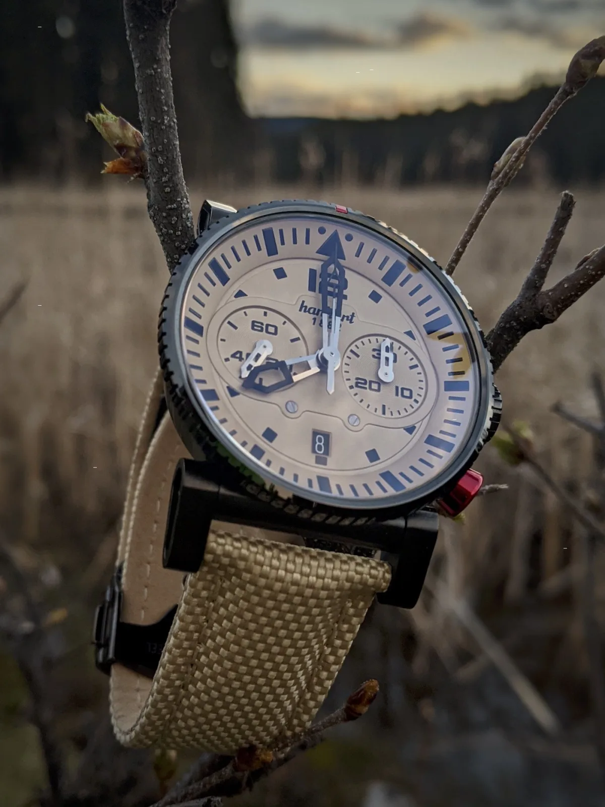 Hanhart Desert Pilot Dark watch's distinctive red button